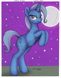 Size: 993x1270 | Tagged: safe, artist:ecmajor, artist:jobo37, trixie, pony, unicorn, g4, colored, dock, fanart, female, mare, night, rearing, solo