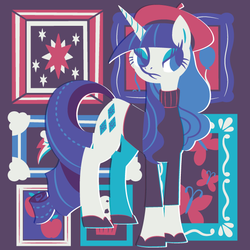 Size: 600x600 | Tagged: dead source, safe, artist:yousukou, rarity, pony, unicorn, g4, beatnik rarity, beret, clothes, cutie mark, female, hat, solo, sweater