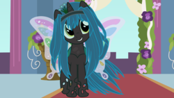 Size: 9600x5400 | Tagged: safe, artist:beavernator, queen chrysalis, changeling, nymph, g4, absurd resolution, butterfly wings, cute, cutealis, female, grin, head tilt, looking at you, smiling, solo, wallpaper, young