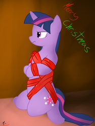 Size: 1485x1980 | Tagged: safe, artist:mr.smile, twilight sparkle, pony, unicorn, g4, blushing, bondage, female, kneeling, present, sitting, solo