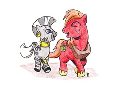 Size: 792x589 | Tagged: safe, artist:atticart, big macintosh, zecora, earth pony, pony, zebra, g4, eyes closed, male, stallion, traditional art