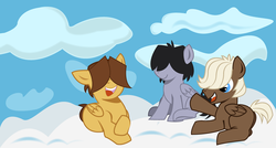 Size: 910x489 | Tagged: safe, artist:dbkit, dumbbell, hoops, quarterback, pegasus, pony, g4, cloud, cloudy, on a cloud, trio, younger