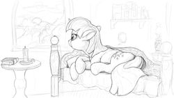 Size: 1600x900 | Tagged: safe, artist:sean mirrsen, twilight sparkle, g4, bed, candle, crying, female, monochrome, sketch, solo