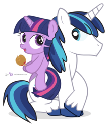 Size: 833x990 | Tagged: safe, artist:dm29, shining armor, twilight sparkle, g4, caramel apple (food), duo, filly, ponies riding ponies, riding, simple background, transparent background, twilight riding shining armor