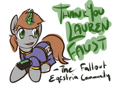 Size: 900x630 | Tagged: safe, artist:inlucidreverie, oc, oc only, oc:littlepip, pony, unicorn, fallout equestria, 4chan, clothes, fanfic, fanfic art, female, glowing horn, hooves, horn, jumpsuit, lauren faust, lauren-faust-visiting-4chan-gate, levitation, magic, mare, open mouth, pipbuck, simple background, solo, telekinesis, vault suit, white background