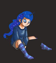 Size: 1170x1323 | Tagged: safe, artist:raph13th, princess luna, human, g4, clothes, computer, feet, female, horn, horned humanization, humanized, laptop computer, lonely, sad, simple background, sitting, socks, solo, striped socks