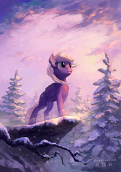 Size: 1061x1500 | Tagged: safe, artist:tarakanovich, oc, oc only, pegasus, pony, backpack, bag, cliff, coat markings, colt, folded wings, forest, male, signature, snow, solo, standing, tree, windswept mane, wings, winter