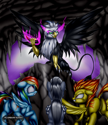 Size: 1083x1250 | Tagged: safe, artist:da-goddamn-batguy, king sombra, rainbow dash, spitfire, oc, oc:captain ray, griffon, pegasus, pony, g4, angry, butt, cave, fanfic, grin, horn, plot