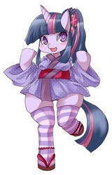 Size: 1229x1920 | Tagged: safe, artist:shinobe, twilight sparkle, unicorn, anthro, unguligrade anthro, g4, alternate hairstyle, arm hooves, clothes, female, kimono (clothing), open mouth, open smile, sandals, smiling, socks, solo, striped socks, thigh highs, unicorn twilight