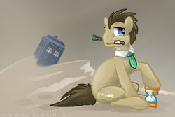 Size: 900x600 | Tagged: safe, artist:keyfeathers, doctor whooves, time turner, earth pony, pony, g4, crossover, doctor who, hourglass, male, mouth hold, necktie, sand, solo, sonic screwdriver, tardis, the doctor