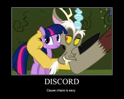 Size: 750x600 | Tagged: safe, edit, edited screencap, screencap, discord, twilight sparkle, draconequus, earth pony, pony, g4, the return of harmony, demotivational poster, duo, earth pony twilight, female, hornless unicorn, male, male and female, mare, meme, misspelling, race swap, stupid sexy discord