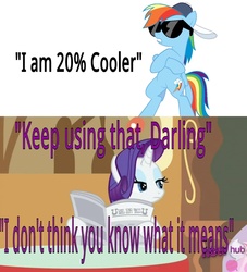 Size: 1000x1103 | Tagged: safe, rainbow dash, rarity, pegasus, pony, unicorn, g4, 20% cooler, darling, female, foal free press, hub logo, hubble, mare, newspaper, sunglasses, swagfags, text, the hub, you keep using that word