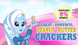 Size: 900x527 | Tagged: safe, artist:pixelkitties, trixie, equestria girls, g4, female, food, peanut butter, peanut butter crackers, solo, that human sure does love peanut butter crackers, wat, wheel, wheels trixie