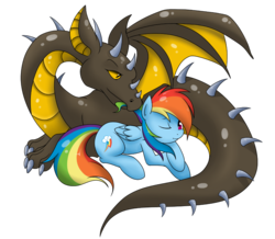 Size: 1000x873 | Tagged: safe, artist:grumblepluck, rainbow dash, oc, dragon, pegasus, pony, g4, cuddling, grooming, hair pulling, lying, lying down, prone, simple background, smiling, snuggling, transparent background, wink