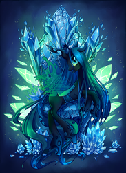 Size: 768x1050 | Tagged: safe, artist:hell-alka, queen chrysalis, changeling, changeling queen, g4, crown, female, jewelry, looking at you, regalia, solo, throne