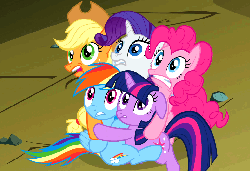 Size: 788x540 | Tagged: safe, screencap, applejack, pinkie pie, rainbow dash, rarity, twilight sparkle, earth pony, pegasus, pony, unicorn, dragonshy, g4, animated, blinking, clinging, cowboy hat, fear hug, female, floppy ears, freckles, frown, gritted teeth, group hug, hat, hug, mare, open mouth, reaction image, scared, shivering, stetson, terrified, wide eyes