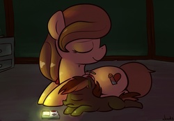 Size: 1300x900 | Tagged: safe, artist:rustydooks, button mash, oc, oc:cream heart, pony, g4, cream heart and button mash:best mother and son, female, male, mother, mother and child, mother and daughter, mother and son, sleeping, son