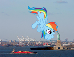 Size: 999x768 | Tagged: safe, rainbow dash, pegasus, pony, g4, female, flying, giant pony, giant rainbow dash, giantess, highrise ponies, irl, macro, mare, mega/giant rainbow dash, new jersey, new york city, photo, ponies in real life, ship, solo, statue of liberty