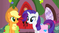 Size: 960x540 | Tagged: safe, screencap, applejack, rarity, pony, dragonshy, g4, animated, clothes, duo, female, mouth hold, saddle bag, scarf