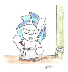 Size: 1527x1615 | Tagged: safe, artist:bobthedalek, dj pon-3, vinyl scratch, pony, unicorn, bad idea, bs1363, imminent electrocution, screwdriver, this will end in electrocution, this will end in tears, this will not end well, toaster, too dumb to live, uk plug