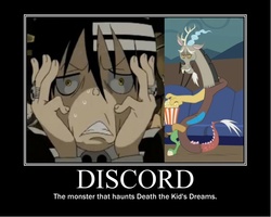 Size: 751x600 | Tagged: safe, discord, g4, crossover, death the kid, demotivational poster, meme, soul eater