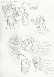 Size: 1538x2177 | Tagged: dead source, safe, artist:enigmaticfrustration, pinkie pie, twilight sparkle, earth pony, pony, g4, female, lesbian, monochrome, ship:twinkie, shipping, sketch, text, traditional art
