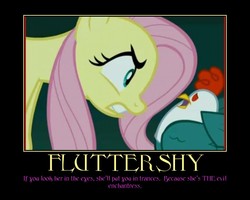 Size: 750x600 | Tagged: safe, edit, edited screencap, screencap, fluttershy, cockatrice, pony, g4, stare master, demotivational poster, duo, evil enchantress, female, hello 2011, mare, meme, red eyes, solo, the stare