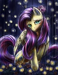 Size: 900x1150 | Tagged: safe, artist:viwrastupr, fluttershy, g4, female, flower, rain, solo