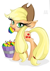 Size: 709x1000 | Tagged: safe, artist:lillykitten, applejack, g4, female, looking at you, mouth hold, solo, zap apple