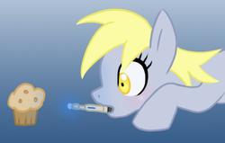 Size: 456x290 | Tagged: safe, artist:howlsinthedistance, derpy hooves, pegasus, pony, g4, doctor who, female, mare, mouth hold, muffin, solo, sonic screwdriver