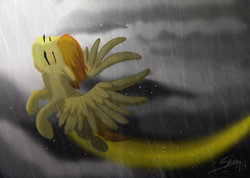 Size: 1024x731 | Tagged: safe, artist:bluefeathercat, spitfire, pegasus, pony, g4, crying, eyes closed, female, flying, rain, solo