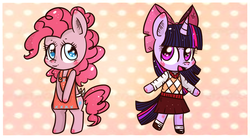 Size: 1024x564 | Tagged: dead source, safe, artist:flarities, pinkie pie, twilight sparkle, earth pony, unicorn, semi-anthro, g4, animal crossing, blushing, crossover, duo, duo female, ear blush, female, hoof blush, horn, horn blush, mare