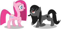 Size: 1299x614 | Tagged: safe, artist:masem, pinkie pie, oc, oc:dark light, earth pony, pony, g4, canon x oc, eye contact, female, kneeling, lesbian, mare, marriage proposal, mouth hold, open mouth, pinkamena diane pie, raised hoof, ring, simple background, smiling, surprised, transparent background, vector, wide eyes
