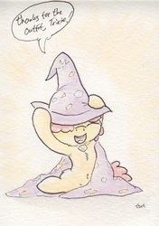 Size: 509x725 | Tagged: safe, artist:slightlyshade, apple bloom, g4, belly button, cape, clothes, female, happy, hat, solo, the great and powerful, traditional art