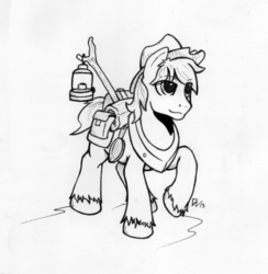 Size: 626x642 | Tagged: safe, artist:paladin-drakkenwolf, applejack, g4, applejack (male), backpack, ink, lantern, monochrome, rule 63, solo, walking