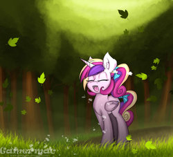 Size: 2190x1991 | Tagged: safe, artist:gamermac, princess cadance, alicorn, pony, g4, eyes closed, female, forest, open mouth, solo