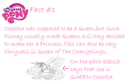 Size: 749x491 | Tagged: safe, princess celestia, queen chrysalis, g4, fact, queen celestia, sketch, slowpoke, text, trivia