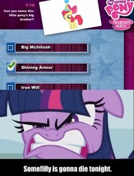 Size: 450x588 | Tagged: safe, edit, edited screencap, screencap, apple bloom, twilight sparkle, earth pony, pony, g4, implied big macintosh, implied iron will, implied shining armor, male, poll, stallion