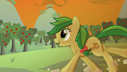 Size: 1024x578 | Tagged: safe, artist:spectty, apple fritter, earth pony, pony, g4, apple, apple family member, apple tree, female, mare, solo, tree