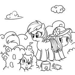 Size: 1000x1000 | Tagged: safe, artist:madmax, derpy hooves, fluttershy, rainbow dash, g4, beach, cloud, cloudy, filly, hat, monochrome, sand, sandcastle