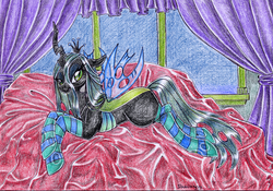 Size: 2480x1732 | Tagged: safe, artist:darkcherry87, queen chrysalis, changeling, changeling queen, g4, bed, clothes, female, socks, solo, striped socks, traditional art