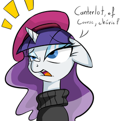 Size: 800x800 | Tagged: safe, artist:ask-mademoiselle-rarity, rarity, pony, unicorn, ask mademoiselle rarity, g4, beatnik rarity, beret, clothes, eyeshadow, female, floppy ears, hat, looking up, makeup, simple background, solo, tumblr, white background