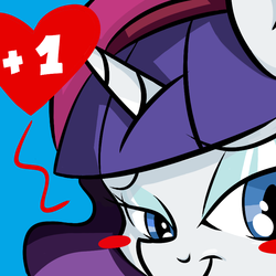 Size: 800x800 | Tagged: safe, artist:ask-mademoiselle-rarity, rarity, pony, unicorn, ask mademoiselle rarity, g4, beatnik rarity, beret, blue background, blushing, close-up, clothes, female, hat, heart, looking down, simple background, solo, tumblr