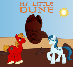 Size: 1919x1768 | Tagged: safe, artist:rivelarosis, big macintosh, shining armor, earth pony, pony, sandworm, shai-hulud, g4, atreides, crossover, dune, harkonnen, male, stallion