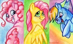 Size: 1000x604 | Tagged: safe, artist:reaperfox, fluttershy, pinkie pie, rainbow dash, g4