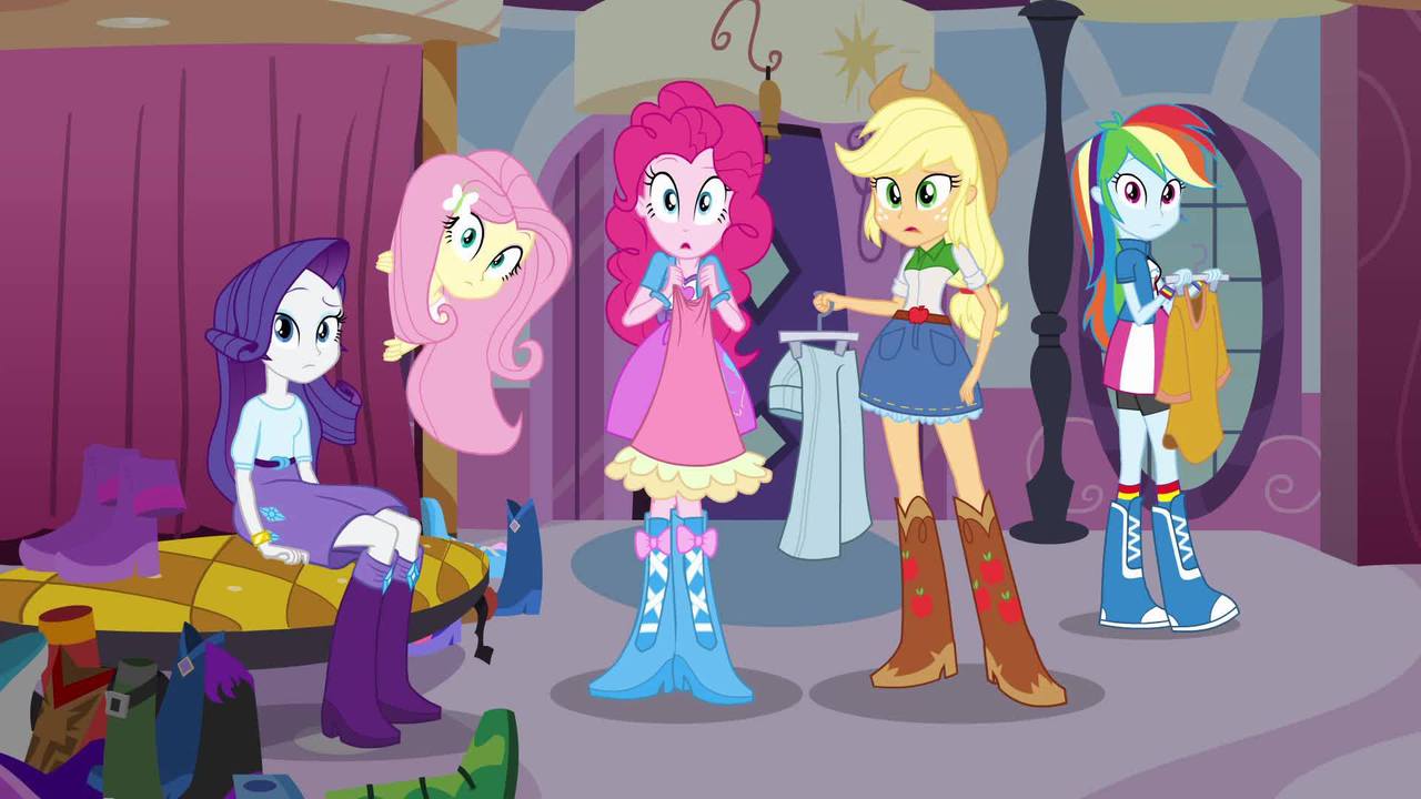 388775 - safe, screencap, applejack, fluttershy, pinkie pie, rainbow dash,  rarity, equestria girls, g4, my little pony equestria girls, balloon, bell,  boots, bracelet, carousel boutique, changing room, clothes, cowboy boots,  door, dress,