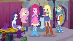 Size: 1920x1080 | Tagged: safe, screencap, applejack, fluttershy, pinkie pie, rainbow dash, rarity, equestria girls, g4, my little pony equestria girls, balloon, bell, boots, bracelet, carousel boutique, changing room, clothes, cowboy boots, door, dress, female, high heel boots, humane five, jewelry, looking at you, rainbow socks, socks, striped socks, wristband