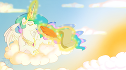 Size: 1052x588 | Tagged: safe, artist:venushound, princess celestia, g4, cloud, cloudy, female, magic, solo