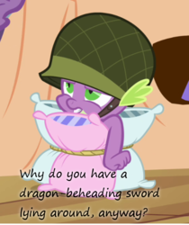 Size: 545x649 | Tagged: safe, edit, edited screencap, screencap, spike, dragon, g4, my little pony: friendship is magic, the crystal empire, helmet, insane pony thread, male, pillow, solo, sword, tumblr