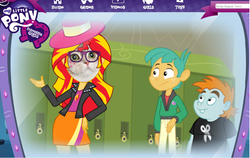 Size: 884x560 | Tagged: safe, snails, snips, sunset shimmer, cat, equestria girls, g4, official, become an equestria girl, glasses, hat